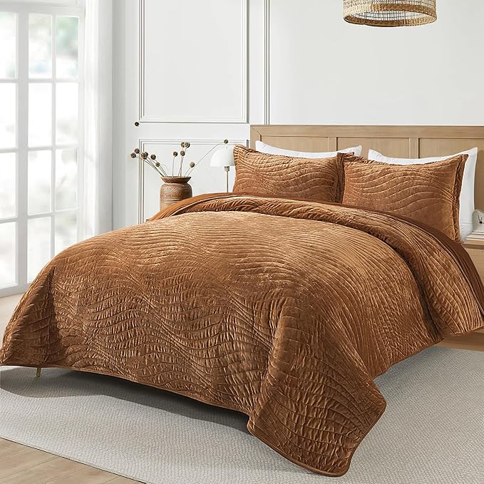 HoneiLife Velvet Quilts Queen Size - Lightweight Bedspreads 3-Pieces, Solid Coverlets Queen Quilt Bedding Sets, Wavy Quilt Sets for All Season Use-Camel
