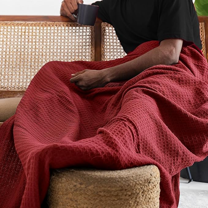 Salt Earth 100% Cotton Throw Blanket, Queen, 90"X92" Waffle Throws for Home, Bedrooms, Outdoor Couch Office Couch, Modern Cozy Room Decor Blankets, Lightweight, All Season Western Blanket (Red)