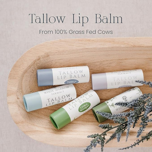 Organic Tallow Lip Balm (Peppermint) from Grass Fed Cows. Super hydrating with Tallow, Olive Oil, Honey, and Beeswax. Sustainable Cardboard Tubes & Hand Filled. Jumbo Size 0.5 oz.