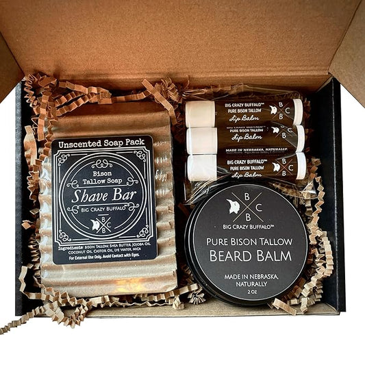 Pure Bison Tallow Beard Gift Set - Shave Bar, Beard Balm, Unscented Lip Balm - Conditions, Strengthens, Moisturizes, Soothes, Softens, Naturally Derived, No Dyes, Naturally Derived