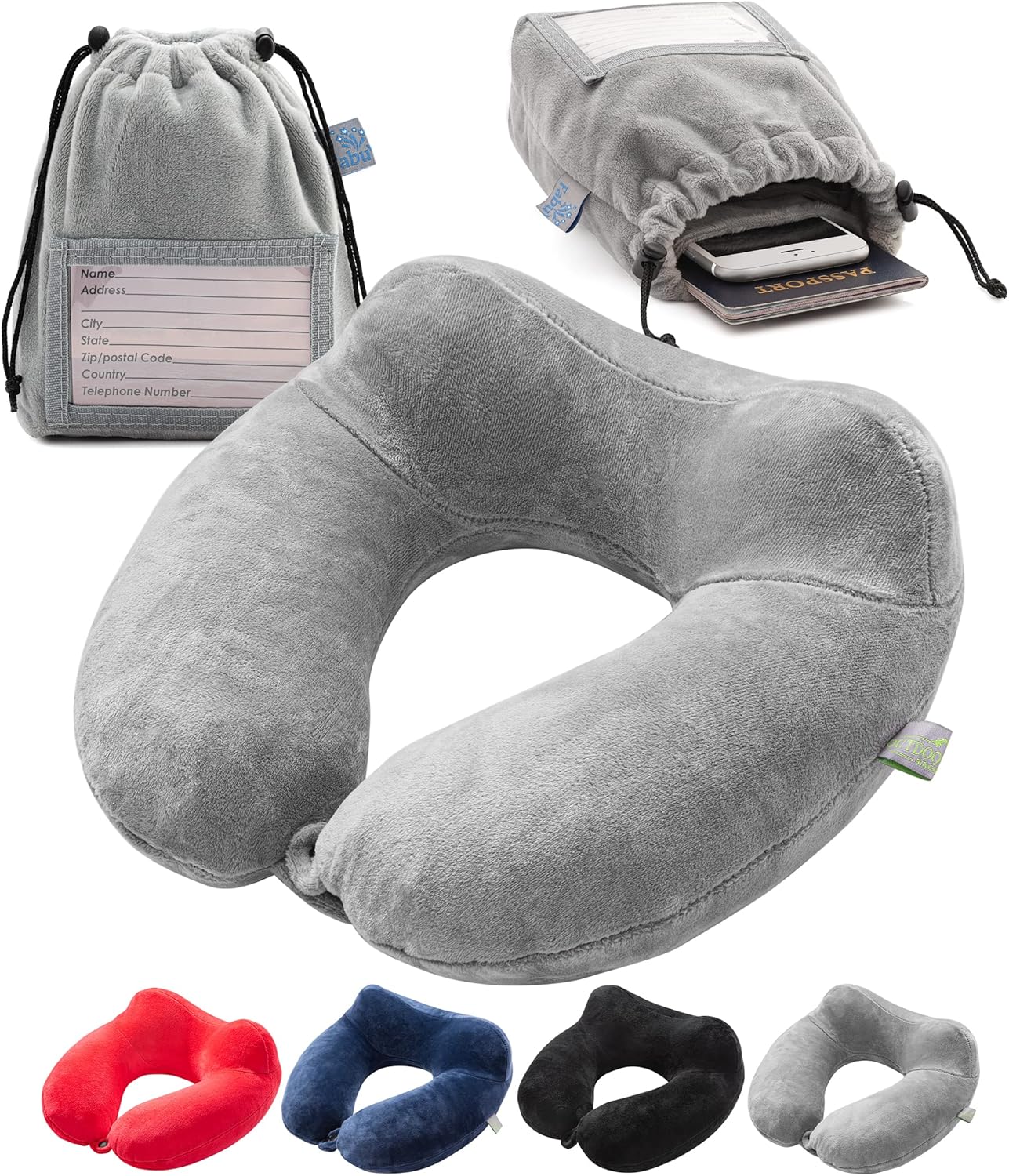 Inflatable Travel Neck Pillow: Extra-Soft, Cushion. For Airplanes, Trains, Cars, Portable Travel Accessory-With Carrying Pouch For cell phone and Passport Etc. (Grey)