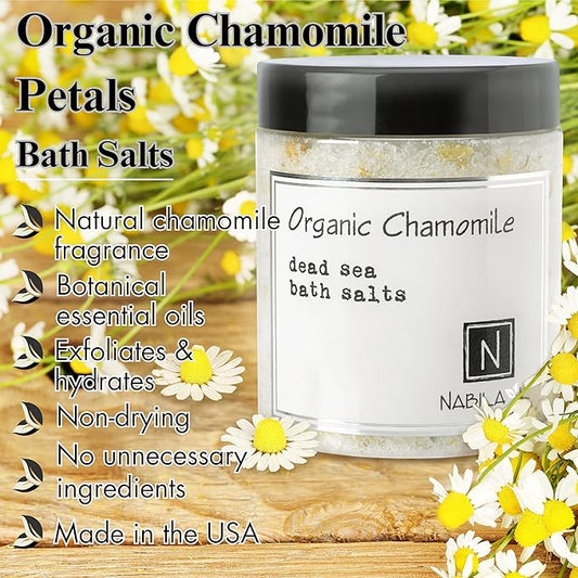 Organic Chamomile Bath Salts by Nabila K - Dead Sea Salt & Epsom Salt Scrub & Soak - Exfoliates & Hydrates Skin, Botanical Essential Oils - Bubble Bath Accessories for All Skins Types, 2 oz
