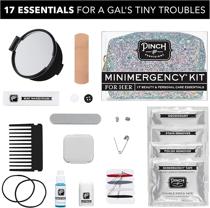 Pinch Provisions Moonstone Glitter Minimergency Kit, includes 17 Travel-Sized Cosmetic Essentials, Convenient for Purses, Emergency Beauty Accessories, Gifts for Holiday’s & Birthday’s