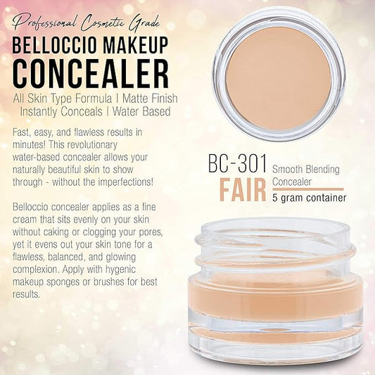 Belloccio High Definition Fair Shade Makeup Concealer 5 gram Jar - Conceal Imperfections, Hide Blemishes, Dark Under Eye Circles, Cosmetic Cream - Use Under Airbrush Foundation