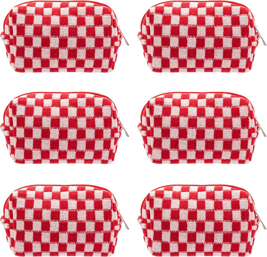 PAZIMIIK Checkered Makeup Bag for Purse Portable Zipper Make Up Pouch Small Cosmetic Case for Travel Accessories (6PCS Red)