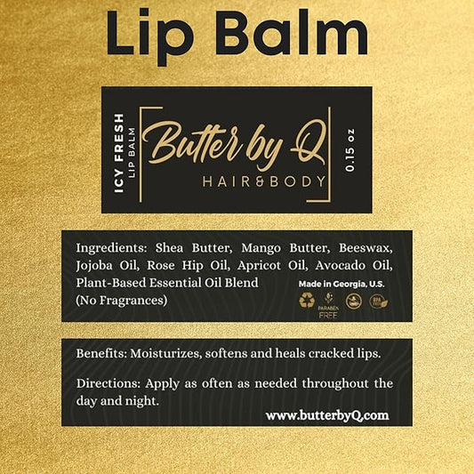 Butter By Q- Icy Fresh Lip Balm- Best Lip Balm, Dry, Chapped Lips. A 100% Natural Alternative to Chapstick. Natural Shea Butter Lip Balm, Lip Moisturizer, and How to Get Rid of Chapped Lips, Kid Safe.