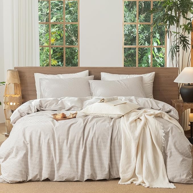MooMee Gingham Duvet Cover Set 100% Washed Cotton Linen Like Textured Breathable Durable Soft Comfy Modern Checkered Design (Mini Gingham Tannish Linen Grey, Oversized Full 82"x86")