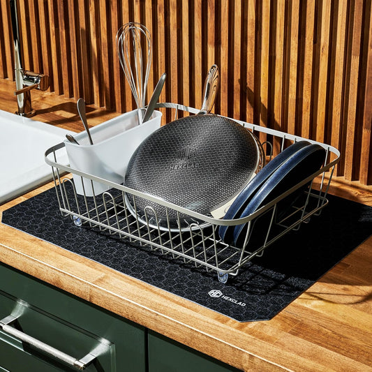 HexClad 2-Piece Dish Drying Mat Set Made of Absorbent Fabric that Holds up to 8oz of Liquid, Ultra-Thin Design for Fast Drying, Waterproof and Non-Slip Backing, Cut for a Universal Fit that Won’t Fray