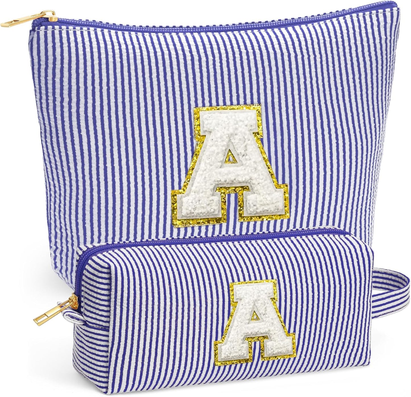 Travel Makeup Bag Set - Travel Essentials, Initial Make up Cosmetic Bag Makeup Pouch Travel Toiletry Bag | Cute Blue Stuff Birthday Gifts for Women Mom Daughter, Blue Letter A