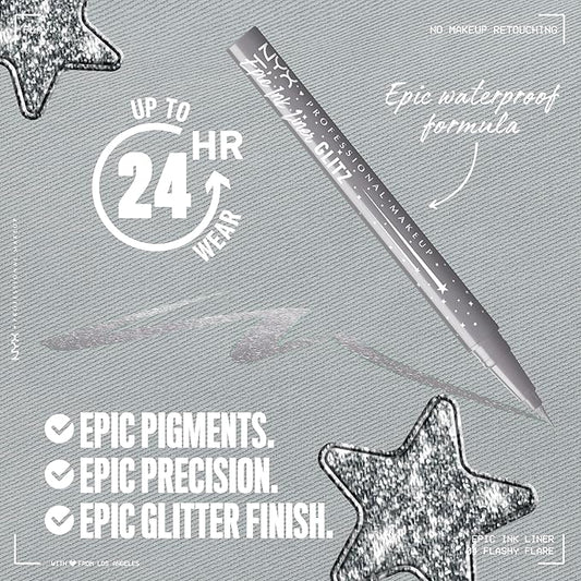 NYX PROFESSIONAL MAKEUP Epic Ink Glitz Liner, Waterproof Metallic Liquid Eyeliner with Vegan Formula - Flashy Flare (Shimmer Light Grey)
