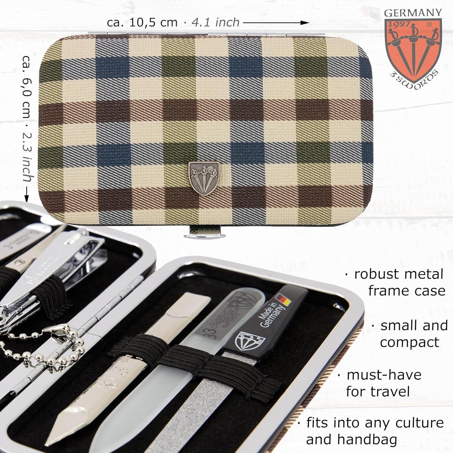 3 Swords Germany - Brand Quality 6 Piece Manicure Pedicure Grooming kit Set - Scissors, Metal and Glass Nail File, Clipper, Tweezers with Synthetic Leather case - Chequered
