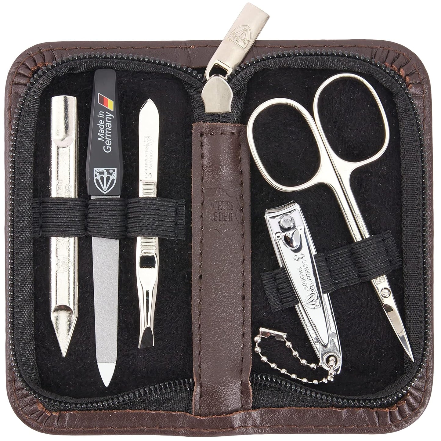 3 Swords Germany - brand quality 5 piece manicure pedicure grooming kit set for professional finger & toe nail care scissors clipper genuine leather brown case in gift box, Made in Germany