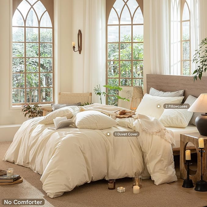 MooMee Wavy Striped Duvet Cover Set 100% Washed Cotton Linen Like Textured Breathable Durable Soft Comfy (Cream White, Alaska King 132"x120")