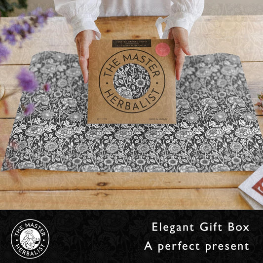 Sandalwood Scented Drawer Liners in a Black William Morris Design. Pack of 5 Folded Sheets | Contains Sandalwood Essential Oil | Made in The UK.