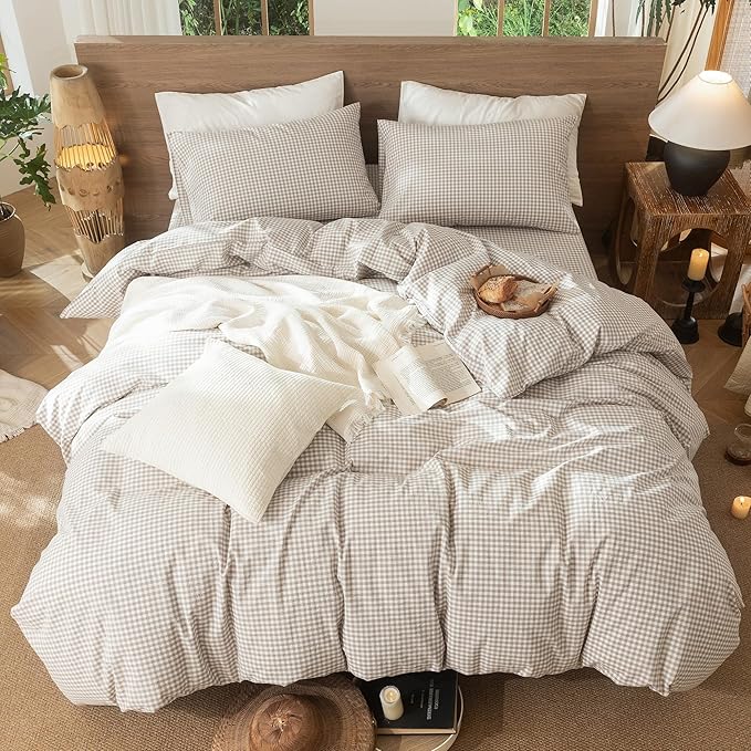 MooMee Gingham Duvet Cover Set 100% Washed Cotton Linen Like Textured Breathable Durable Soft Comfy Modern Checkered Design (Mini Gingham Tannish Linen Grey, Full 80"x90")