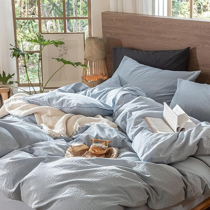 MooMee Wavy Striped Duvet Cover Set 100% Washed Cotton Linen Like Textured Breathable Durable Soft Comfy (Cornflower Blue, Queen 90"x90")