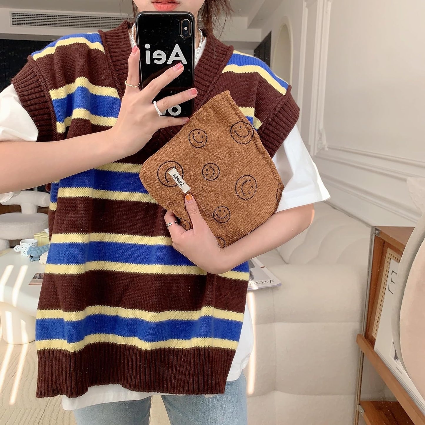 Cosmetic Bags for Women - Corduroy Cosmetic Bag Aesthetic Women Handbags Purses Smile Dots Makeup Organizer Storage Makeup Bag Girls Case Bags (A-Brown)