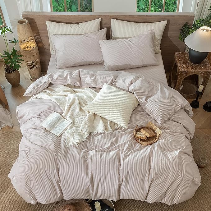 MooMee Striped Duvet Cover Set 100% Washed Cotton Linen Like Textured Breathable Durable Soft Comfy (Orange Pinstripes, Super King 108"x98")