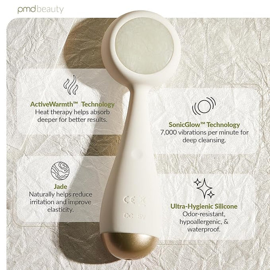 PMD Beauty Clean Pro Jade - Smart Facial Cleansing Device with Silicone Brush & Jade Gemstone ActiveWarmth Anti-Aging Massager - Waterproof - SonicGlow Vibration - Clear Pores & Blackheads