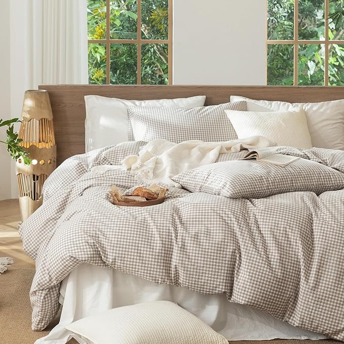 MooMee Gingham Duvet Cover Set 100% Washed Cotton Linen Like Textured Breathable Durable Soft Comfy Modern Checkered Design (Mini Gingham Tannish Linen Grey, Oversized Full 82"x86")