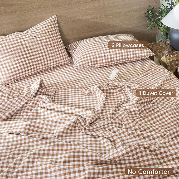 MooMee Gingham Duvet Cover Set 100% Washed Cotton Linen Like Textured Breathable Durable Soft Comfy Modern Checkered Design (Dark Orange Gingham, Super King 108"x98")