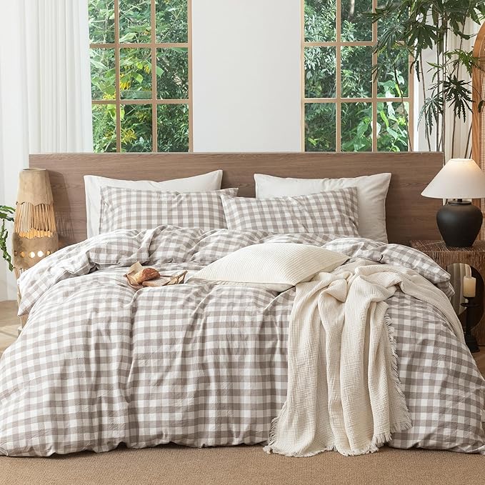 MooMee Gingham Duvet Cover Set 100% Washed Cotton Linen Like Textured Breathable Durable Soft Comfy Modern Checkered Design (Buffalo Plaid Tannish Linen Grey, King 104"x90")