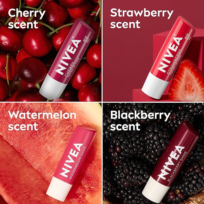 NIVEA Lip Care, Fruity Tinted Lip Balm Variety Pack, Includes Cherry, Strawberry, Blackberry and Watermelon Scents, 0.17 Oz, Pack of 4