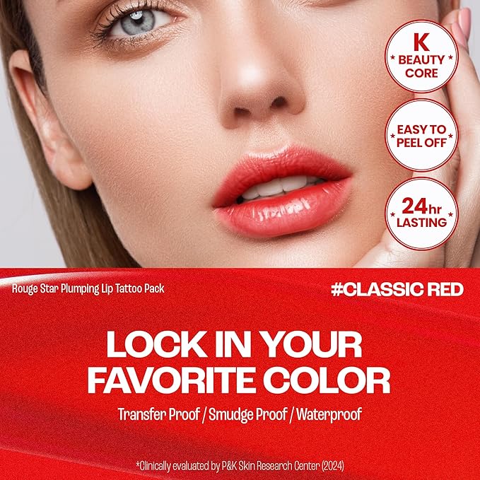 Rouge Star Plumping Lip Tattoo (0.17 oz) - 72-HR Long Lasting Waterproof Peel Off Lip Stain - Transfer-Proof, Non -Sticky Hydrating Matte Lip Tint Tattoo (Classic Red)