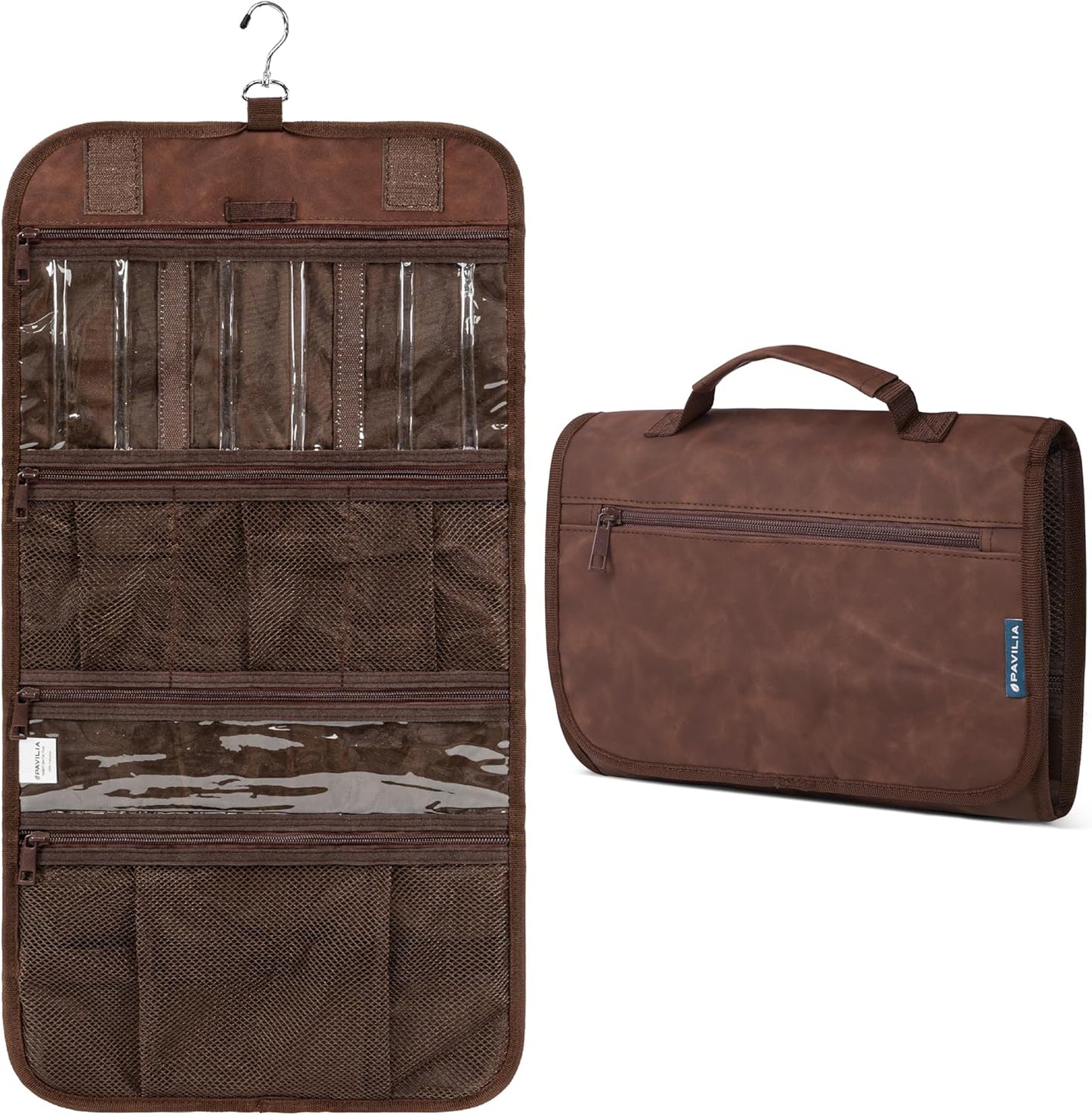 PAVILIA Hanging Toiletry Bag Men Women, Travel Kit Foldable Large Toiletries Organizer, Roll up Cosmetics Makeup Bag Accessories, Waterproof Essentials Dopp Case (Brown)