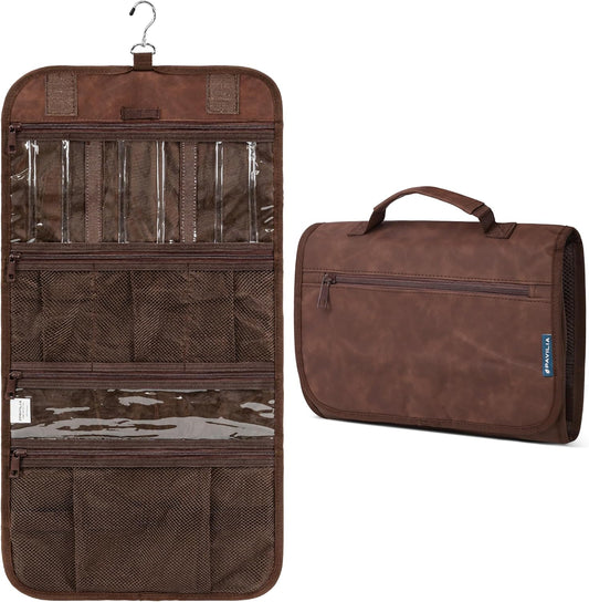 PAVILIA Hanging Toiletry Bag Men Women, Travel Kit Foldable Large Toiletries Organizer, Roll up Cosmetics Makeup Bag Accessories, Waterproof Essentials Dopp Case (Brown)
