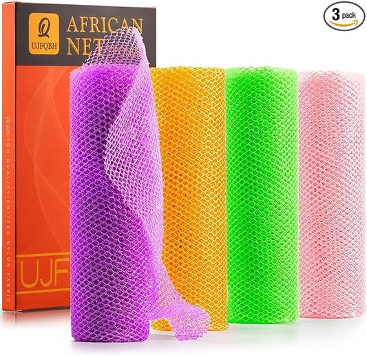 UJFQBH 4 Pieces African Net Sponge African Net Long Net Bath Sponge Exfoliating Shower Body Scrubber Back Scrubber Skin Smoother,Great for Daily Use (Purple, Orange, Green, Pink)