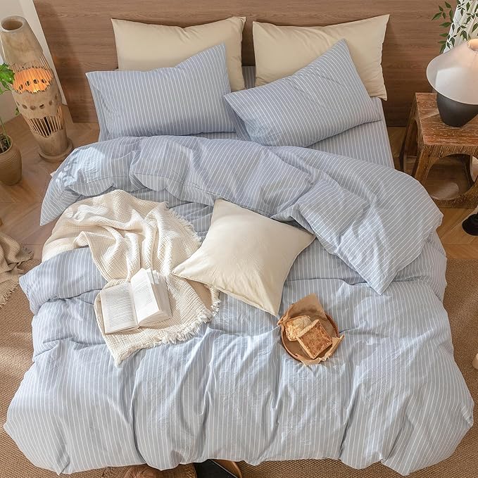 MooMee Striped Duvet Cover Set 100% Washed Cotton Linen Like Textured Breathable Durable Soft Comfy (Cornflower Blue White Wide Stripes, Full 80"x90")
