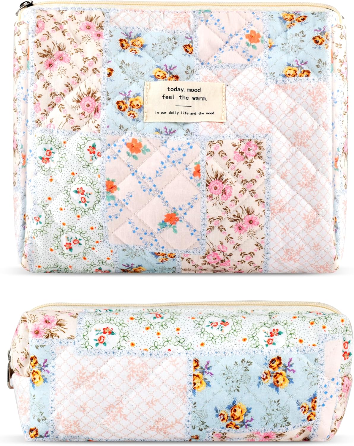 2Pcs Quilted Cotton Makeup Bag Large Travel Makeup Pouch Small Brush Holder Set for Women Cute Floral Coquette Makeup Bag Aesthetic Cosmetic Bag Flower Bee Toiletry Organizer Storage Bag Zipper Pouch