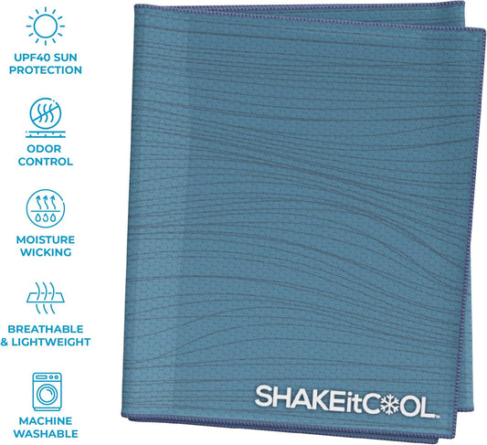 SHAKEitCOOL Extended Size Cooling Towel – Be Cool in Style - Heat Relief, Soft, Lightweight, Sun Protection, Easy Clean - Perfect for Biking, Hiking, Running, Yoga, Golf, Gardening - Steel Wave M