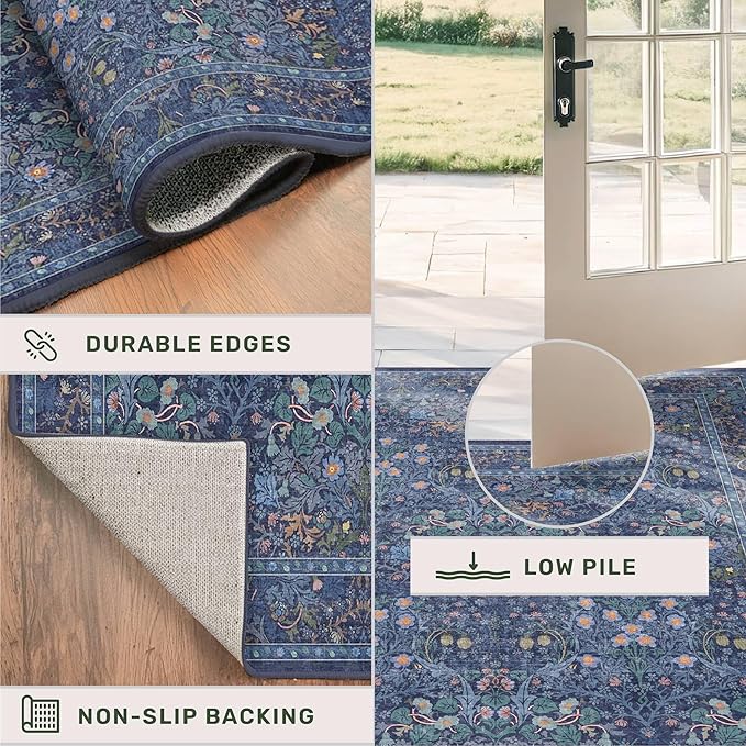 Dining Room Rugs for Under Table - 6x8 Washable Dark Blue Oriental Area Rug for Living Room, Low Pile Non-Slip Floor Carpet for Bedroom - Vintage Design & Stain Resistance (6x8 Navy Blue)