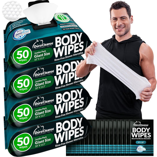 After Gym Body Wipes for Men (4pk) - 200 XL No Rinse Shower Wipes + 16 Travel Bath Sheets - 9"x12" - Mens Deodorant Disposable Washcloths for Bathing, Camping Essentials, Survival Gear and Supplies