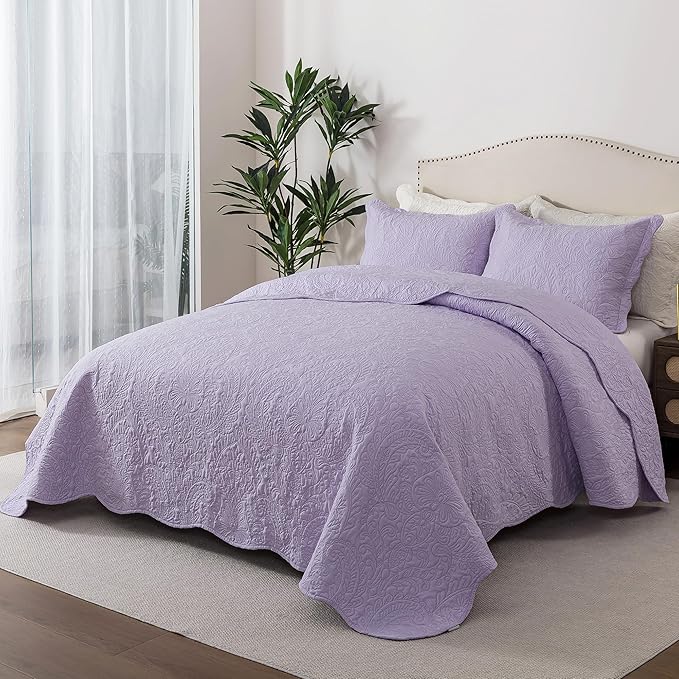HoneiLife Quilt Sets King Size - Microfiber Bedspreads for King Bed, 3-Piece Lightweight Coverlets, Retro Bedlinen Sets, King Quilt Bedding Set All Season Use-Light Purple