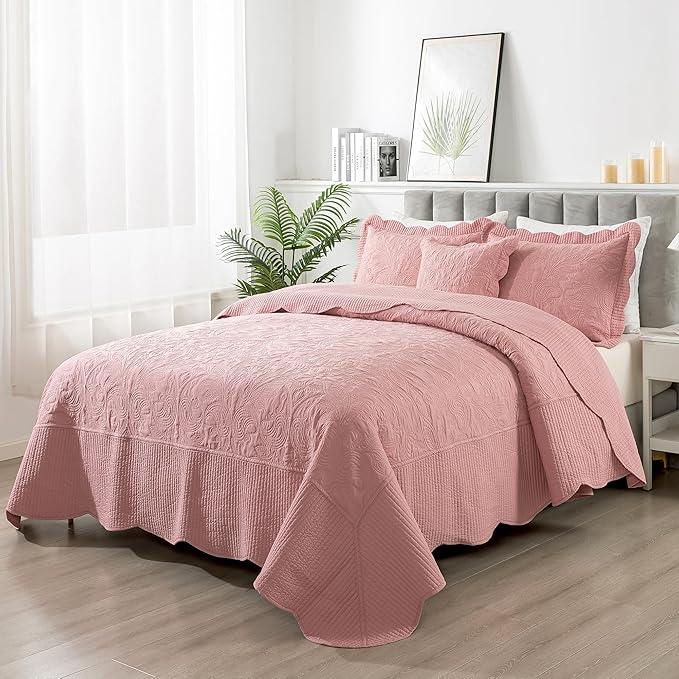 HoneiLife California King Quilt - Oversized King Bedspreads 128x120, 4-Piece Cal King Quilt Sets,Rustic Bedding Sets King Size,Reversible Coverlets Lightweight Bed Cover for All Season Use-Pink