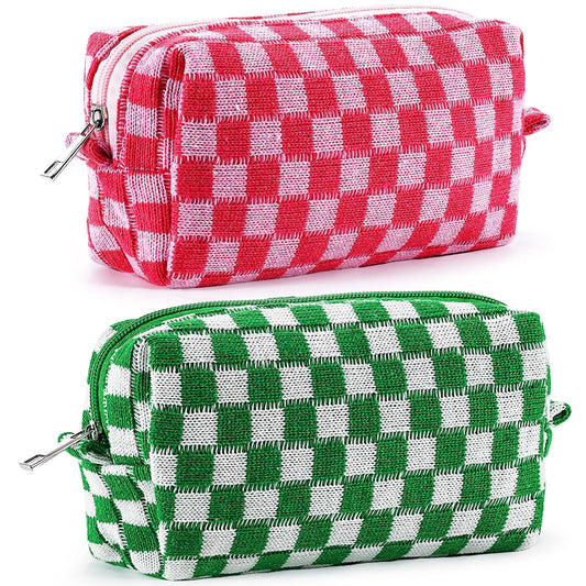 ZLFSRQ 2Pcs Checkered Pencil Case Cute Pencil Pouch for Teens Checkered Makeup Bag Medium Travel Cosmetic Bag Preppy Makeup Pouch for Purse Aesthetic Zipper Toiletry Bags Organizer(Pink/Green)