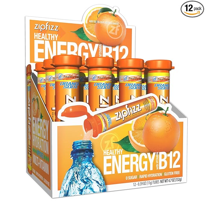 Zipfizz Daily Energy Drink Powder, Orange Soda, 12 Pack | 3-in-1 Sustained Energy, Rapid Hydration, and Essential Vitamins | Sugar-Free | Electrolyte Powder | Contains Vitamin B-12 & Antioxidants