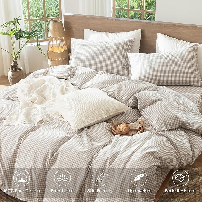 MooMee Gingham Duvet Cover Set 100% Washed Cotton Linen Like Textured Breathable Durable Soft Comfy Modern Checkered Design (Mini Gingham Tannish Linen Grey, Oversized Full 82"x86")