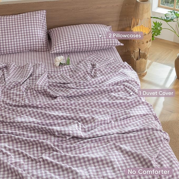 MooMee Gingham Duvet Cover Set 100% Washed Cotton Linen Like Textured Breathable Durable Soft Comfy Modern Checkered Design (Classic Gingham Light Purple, Cal King 104"x98")