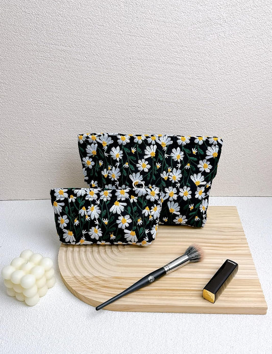 2 Pcs Makeup Bags, Large Cosmetic Bag Travel Toiletry Bag Organizer for Women, Embroidery Craft, Floral Makeup Bag Small Cosmetic Pouch Purse with Zipper Gifts for Girls Teen