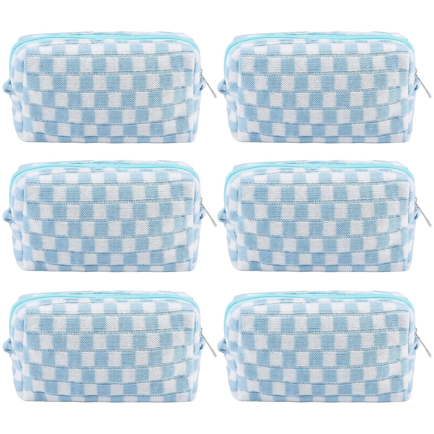 ZLFSRQ 6Pcs Checkered Pencil Case Cute Pencil Pouch for Teens Checkered Makeup Bag Blue Medium Travel Cosmetic Bag Makeup Pouch for Purse Aesthetic Trendy Zipper Toiletry Bags Organizer