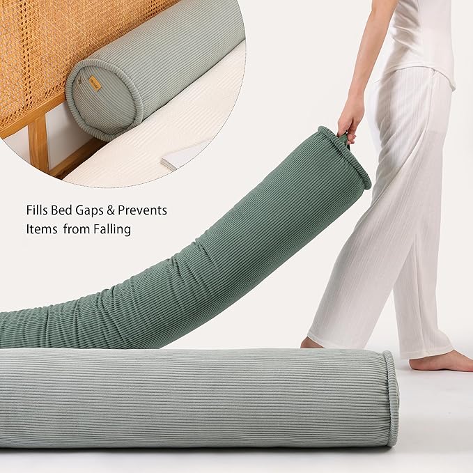 Long Bolster Pillow for Bed – Soft Corduroy Body Pillow for Adults, Ergonomic Full-Length Support for Better Sleep,59 x 7.87 Inches,Grey Green