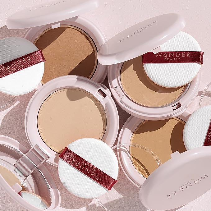 Wander Beauty Wanderlust Powder Foundation - Medium - Blurs and Evens Skin Tone - Perfects and Hydrates With Hyaluronic Acid, Aloe, Honeysuckle, & Vitamin E - Lightweight, Buildable Coverage - 0.31 oz