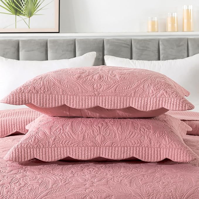 HoneiLife California King Quilt - Oversized King Bedspreads 128x120, 4-Piece Cal King Quilt Sets,Rustic Bedding Sets King Size,Reversible Coverlets Lightweight Bed Cover for All Season Use-Pink