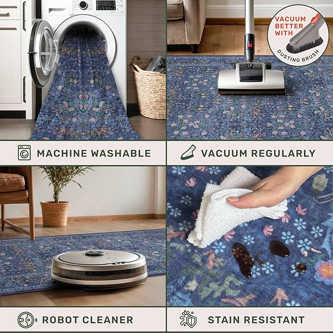 Dining Room Rugs for Under Table - 6x8 Washable Dark Blue Oriental Area Rug for Living Room, Low Pile Non-Slip Floor Carpet for Bedroom - Vintage Design & Stain Resistance (6x8 Navy Blue)