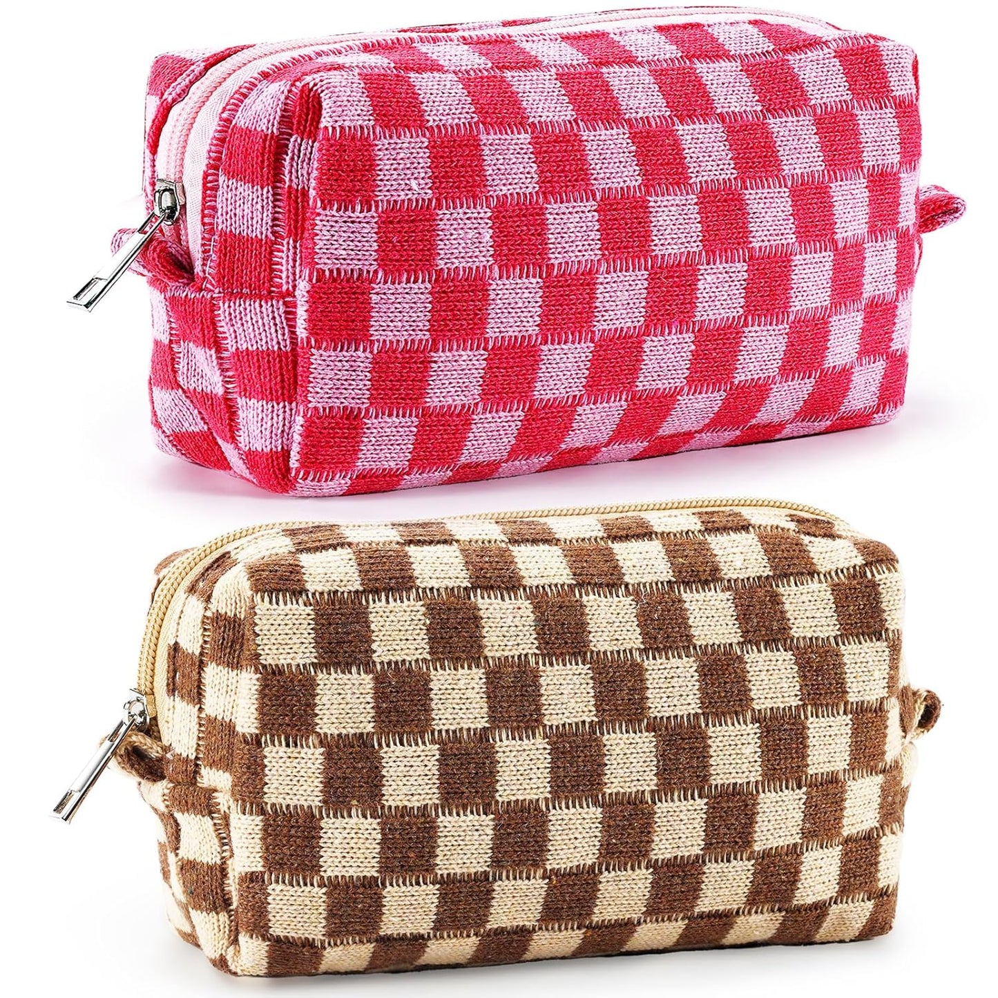 ZLFSRQ 2Pcs Checkered Pencil Case Cute Pencil Pouch for Teens Checkered Makeup Bag Medium Travel Cosmetic Bag Preppy Makeup Pouch for Purse Aesthetic Zipper Toiletry Bags Organizer(Pink/Brown)