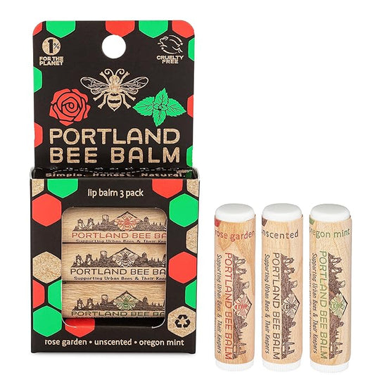 Portland Bee Balm All Natural Handmade Beeswax Based Lip Balm Unscented, Oregon Mint and Rose Assortment 3 Count
